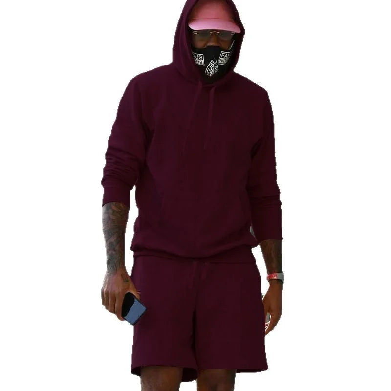 Wine Men's Hoodie and Shorts Two Piece Set in French Terry with Kangaroo Pocket — Louis - Red Studio Full Body