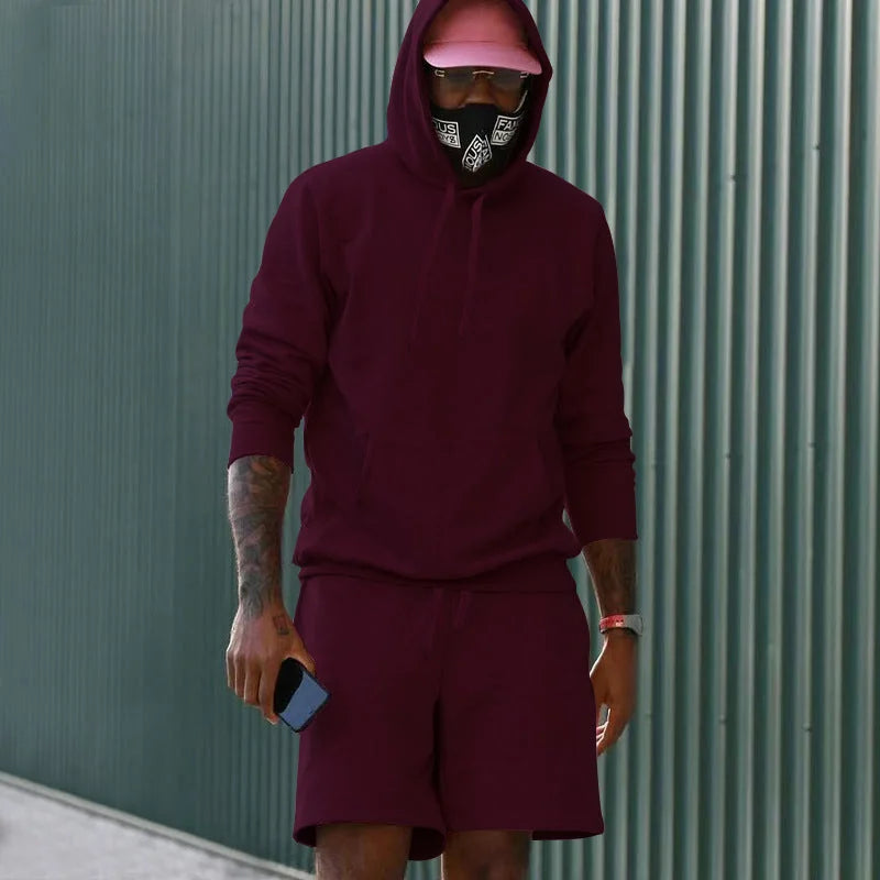 Wine Men's Hoodie and Shorts Two Piece Set in French Terry with Kangaroo Pocket — Louis - Red