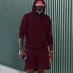 Wine Men's Hoodie and Shorts Two Piece Set in French Terry with Kangaroo Pocket — Louis - Red
