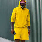 Yellow Men's Hoodie and Shorts Two Piece Set in French Terry with Kangaroo Pocket
