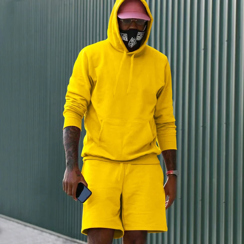 Yellow Men's Hoodie and Shorts Two Piece Set in French Terry with Kangaroo Pocket