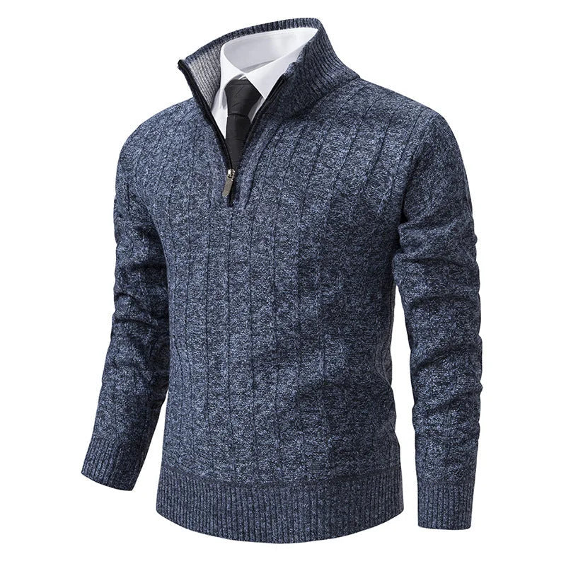 Blue Men's Slim-Fit Half Zip Sweater with Mock Neck & Cable Knit Texture - Front Full