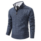 Blue Men's Slim-Fit Half Zip Sweater with Mock Neck & Cable Knit Texture - Front Full