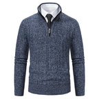 Men's Slim-Fit Half Zip Sweater with Mock Neck & Cable Knit Texture - Blue Studio Front
