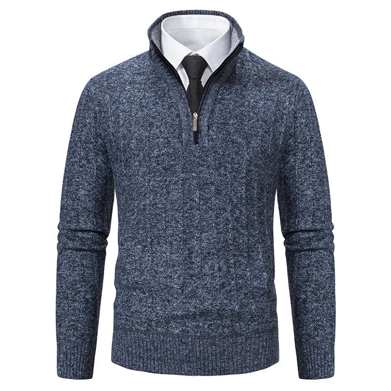Men's Slim-Fit Half Zip Sweater with Mock Neck & Cable Knit Texture - Blue Studio Front