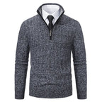 Gray Men's Slim-Fit Half Zip Sweater with Mock Neck & Cable Knit Texture - Dark Grey Front Close