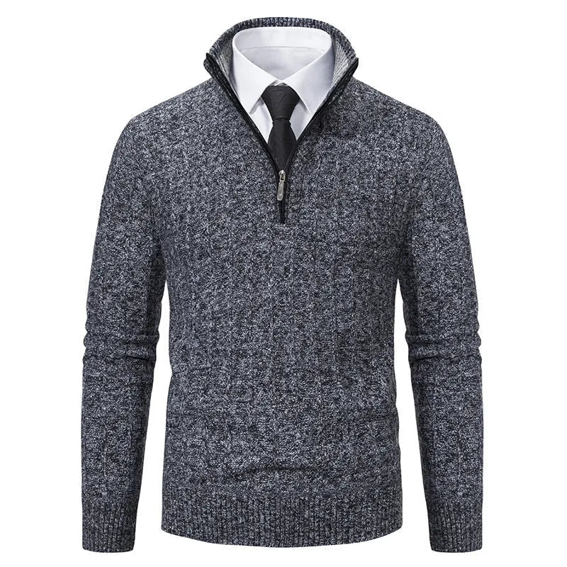Gray Men's Slim-Fit Half Zip Sweater with Mock Neck & Cable Knit Texture - Dark Grey Front Close
