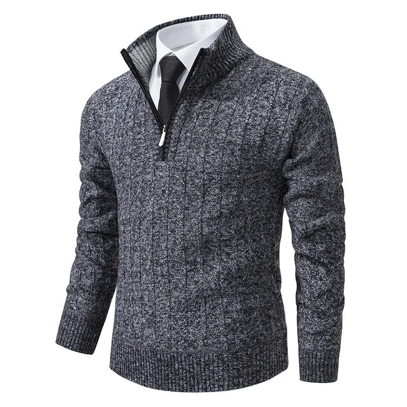 Men's Slim-Fit Half Zip Sweater with Mock Neck & Cable Knit Texture - Dark Grey Side Pose