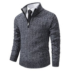 Men's Slim-Fit Half Zip Sweater with Mock Neck & Cable Knit Texture - Dark Grey Side Pose