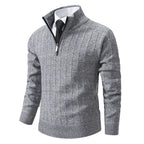 Men's Slim-Fit Half Zip Sweater with Mock Neck & Cable Knit Texture - Light Grey Collar Detail