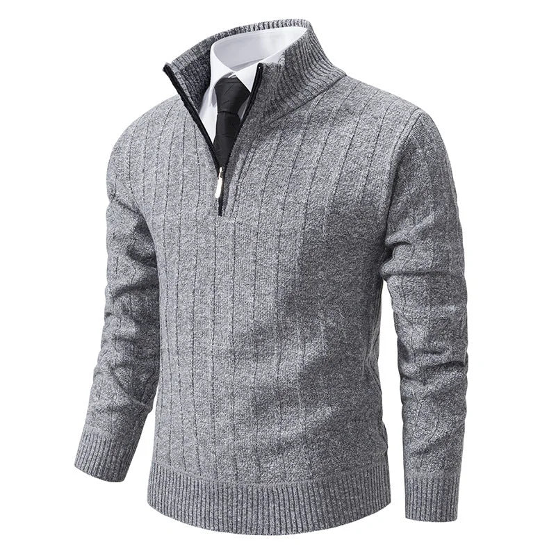 Men's Slim-Fit Half Zip Sweater with Mock Neck & Cable Knit Texture - Light Grey Collar Detail