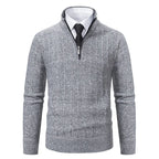 Light Gray Men's Slim-Fit Half Zip Sweater with Mock Neck & Cable Knit Texture - Grey Front Pose