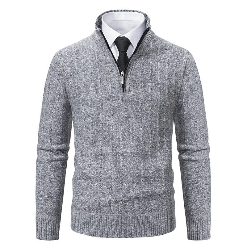 Light Gray Men's Slim-Fit Half Zip Sweater with Mock Neck & Cable Knit Texture - Grey Front Pose