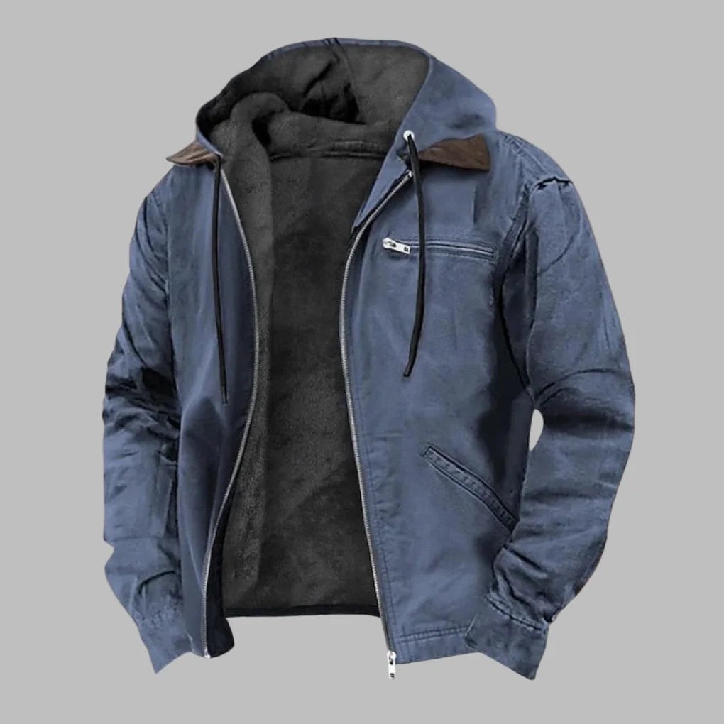 Blue Men's Hooded Bomber Jacket with Dual-Layer Design & Zip-Front Closure