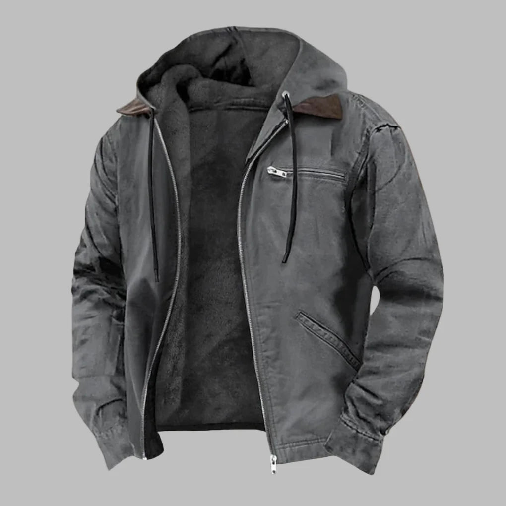 Gray Men's Hooded Bomber Jacket with Dual-Layer Design & Zip-Front Closure