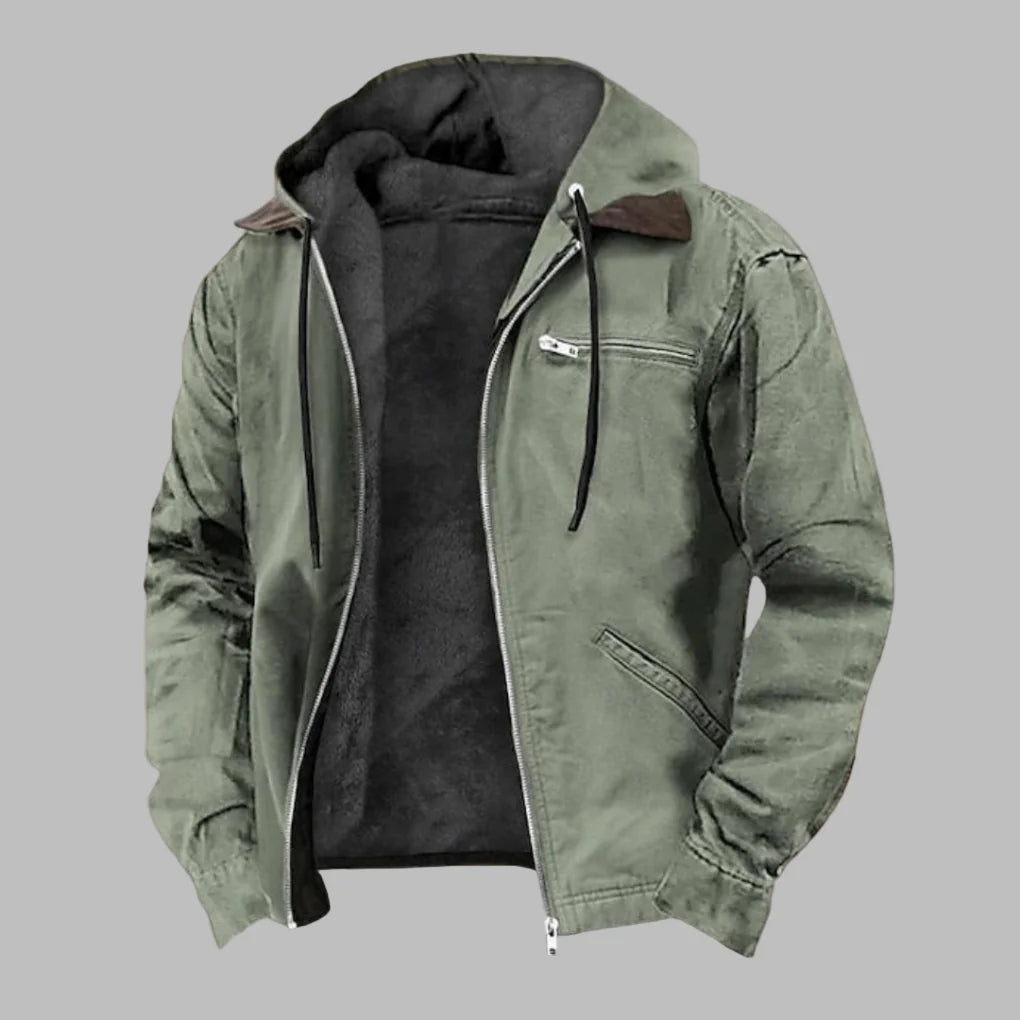 Green Men's Hooded Bomber Jacket with Dual-Layer Design & Zip-Front Closure