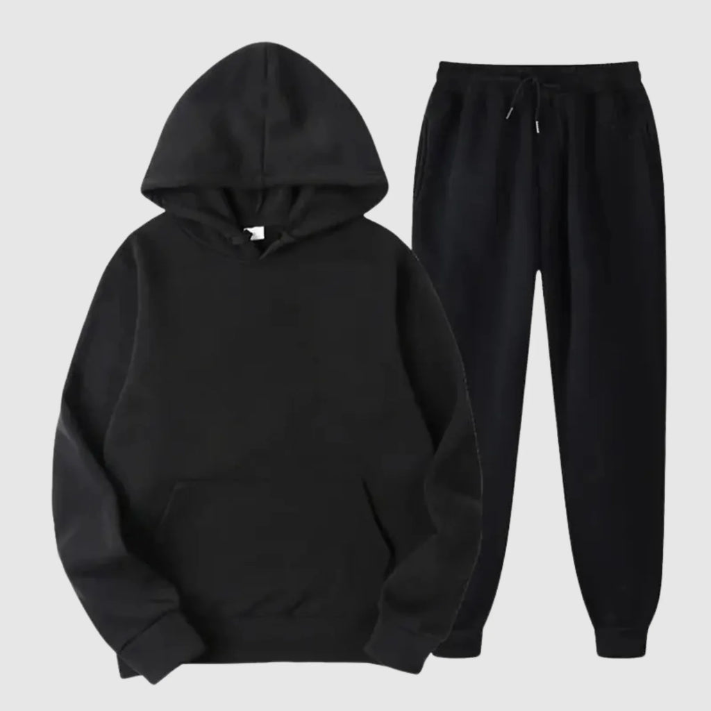 Black Men's Hooded Tracksuit with Kangaroo Pocket & Drawstring Waist