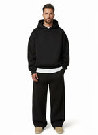 Black Men's Hooded Tracksuit Set with Relaxed Straight Fit