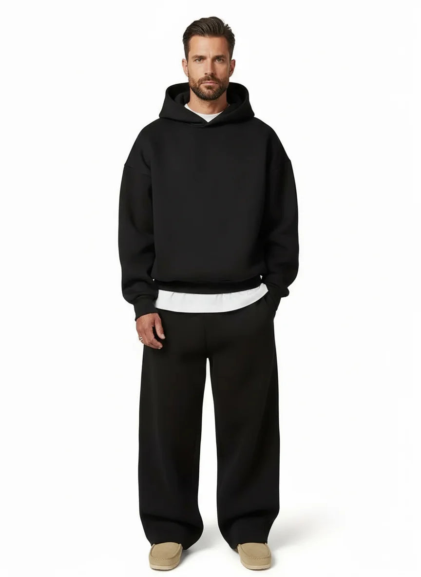 Black Men's Hooded Tracksuit Set with Relaxed Straight Fit
