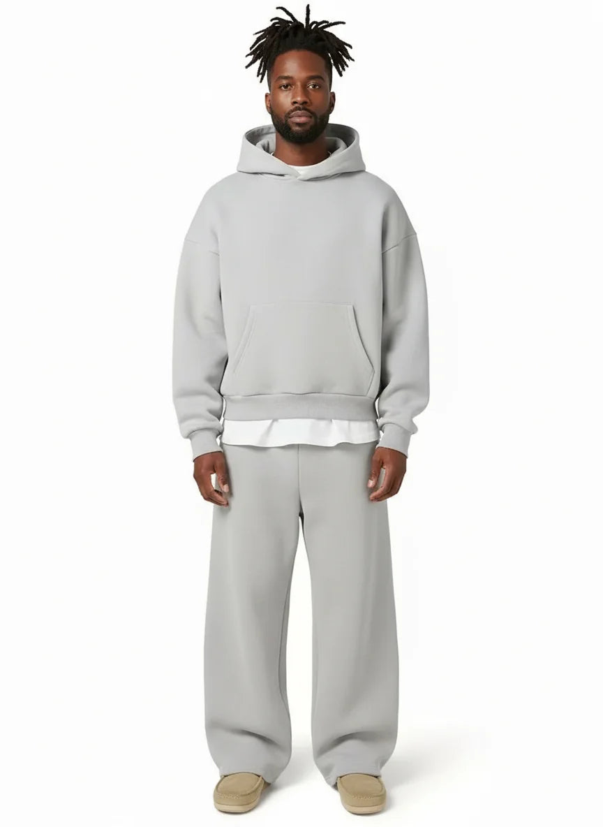 Light Grey Men's Hooded Tracksuit Set with Relaxed Straight Fit