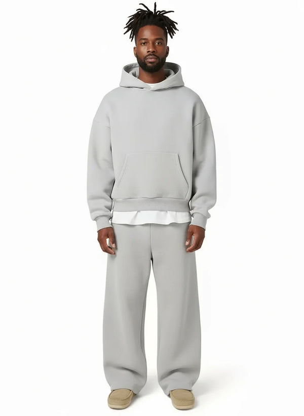 Light Grey Men's Hooded Tracksuit Set with Relaxed Straight Fit