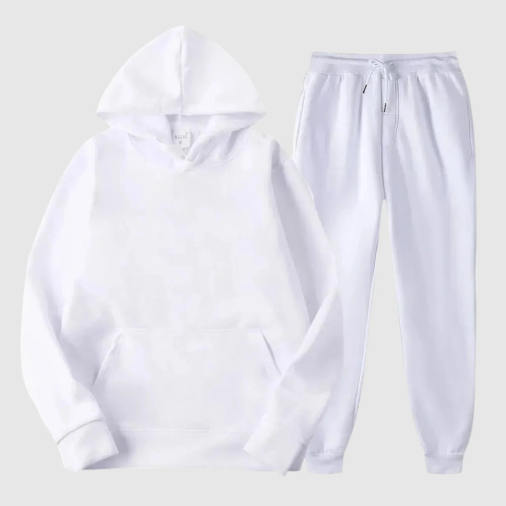 White Men's Hooded Tracksuit with Kangaroo Pocket & Drawstring Waist - Flat Lay Clean