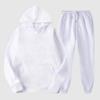 White Men's Hooded Tracksuit with Kangaroo Pocket & Drawstring Waist - Flat Lay Clean