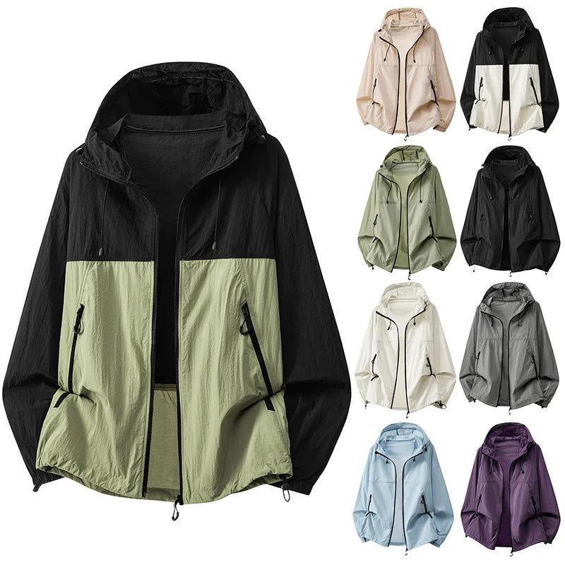 Men's Hooded Jacket with Zip Pockets & Drawstring Hood - Green Front Worn