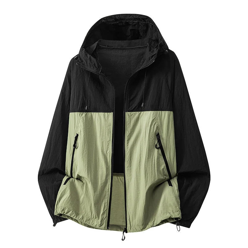 Black Green Men's Hooded Jacket with Zip Pockets & Drawstring Hood - Studio Colorblock
