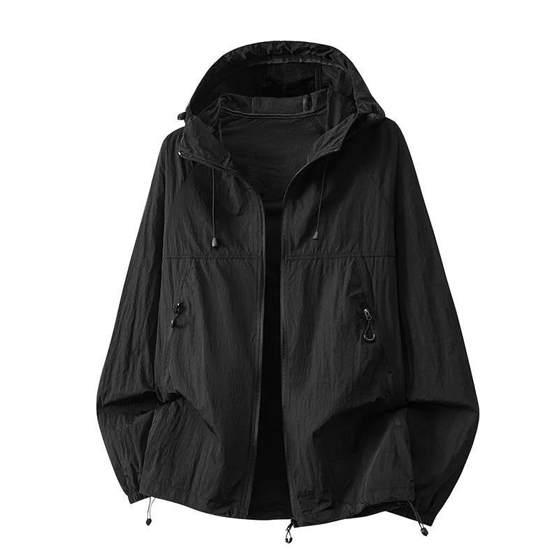 Black Men's Hooded Jacket with Zip Pockets & Drawstring Hood