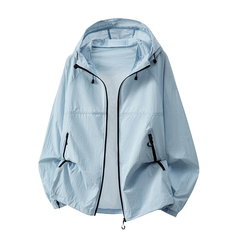 Blue Men's Hooded Jacket with Zip Pockets & Drawstring Hood
