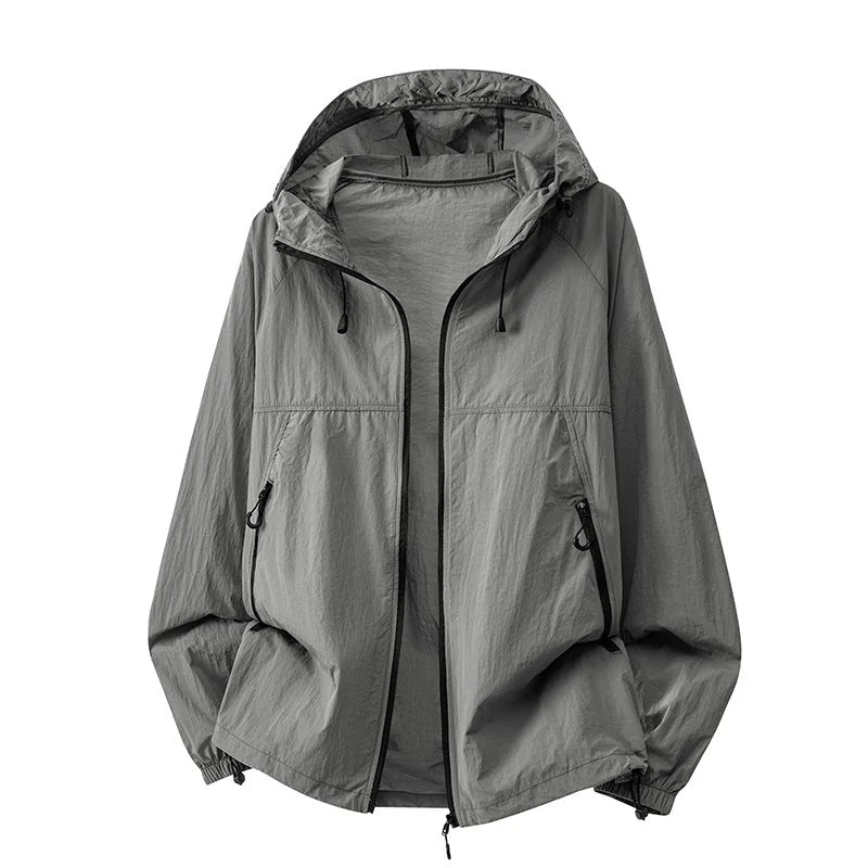 Gray Men's Hooded Jacket with Zip Pockets & Drawstring Hood