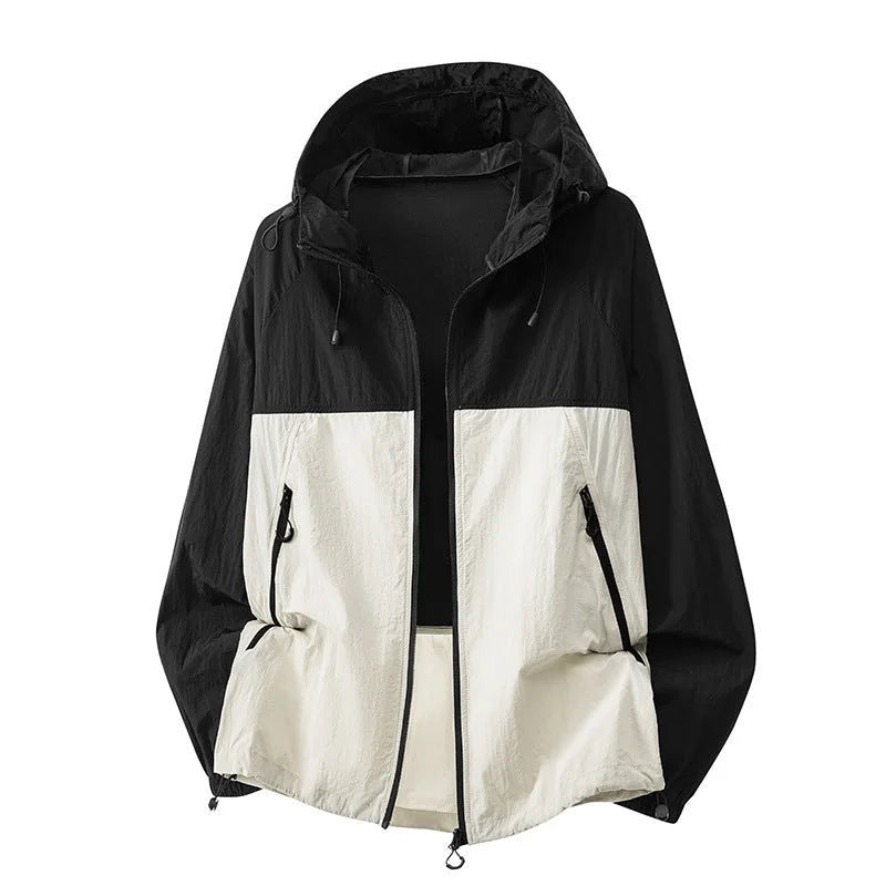 White Black Men's Hooded Jacket with Zip Pockets & Drawstring Hood - Studio Colorblock Front