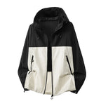 White Black Men's Hooded Jacket with Zip Pockets & Drawstring Hood - Studio Colorblock Front