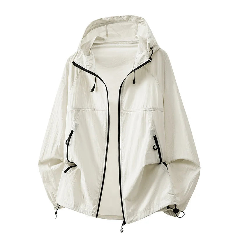 White Men's Hooded Jacket with Zip Pockets & Drawstring Hood