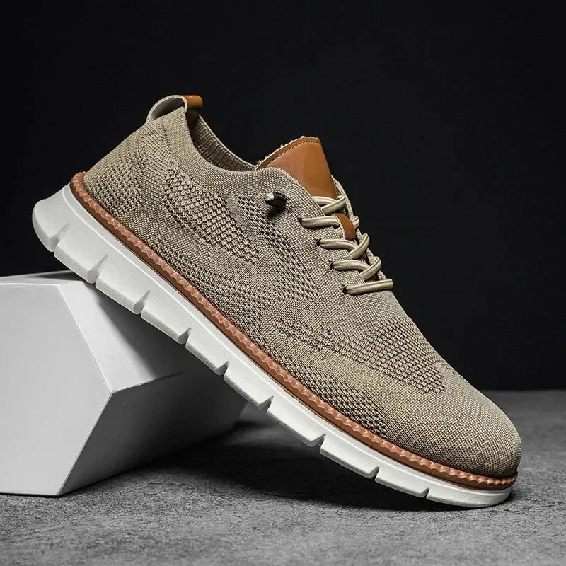 Beige Men's Knit Walking Shoes — Daniel Everyday Lace-Up Lightweight - Front Three Quarter Studio