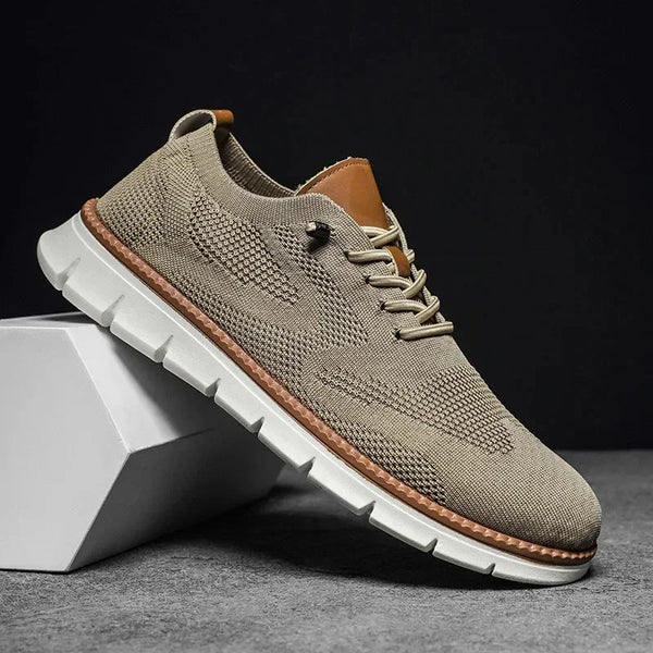 Beige Men's Knit Walking Shoes — Daniel Everyday Lace-Up Lightweight - Front Three Quarter Studio