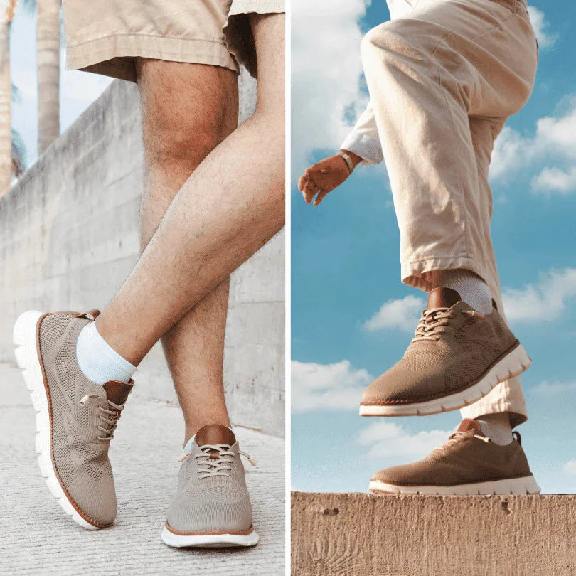 Beige Men's Knit Walking Shoes — Daniel Everyday Lace-Up Lightweight - Worn Outdoor Lifestyle