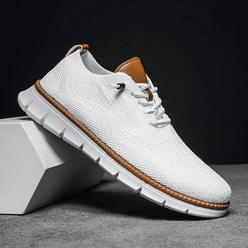 White Men's Knit Walking Shoes — Daniel Everyday Lace-Up Lightweight - Side Profile Studio