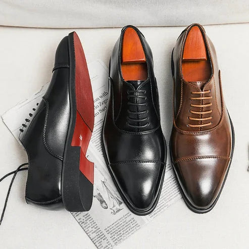 Black Men's Cap-Toe Leather Oxford Shoes — Noah Lace-Up Formal Dress - Comparison Flat Lay