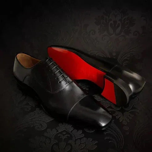 Black Men's Cap-Toe Leather Oxford Shoes — Noah Lace-Up Formal Dress - Dark Background Pair