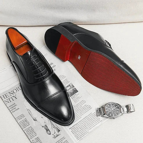 Black Men's Cap-Toe Leather Oxford Shoes — Noah Lace-Up Formal Dress - Newspaper Flat Lay