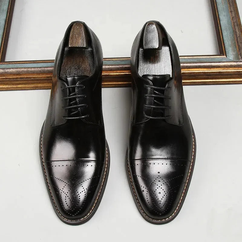 Black Men's Leather Oxford Shoes — Hayden Burnished Cap Toe Brogue - Overhead Pair