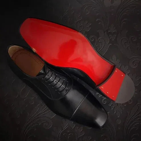 Black Men's Cap-Toe Leather Oxford Shoes — Noah Lace-Up Formal Dress - Sole Dark Background
