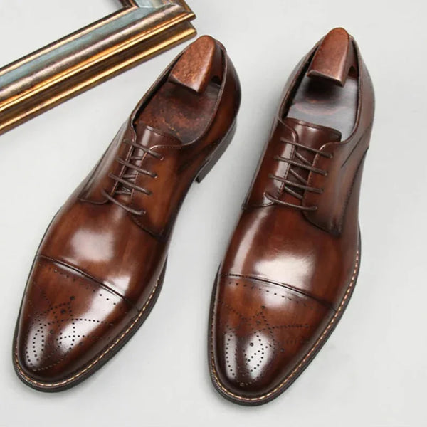 Brown Men's Leather Oxford Shoes — Hayden Burnished Cap Toe Brogue - Flat Lay Pair