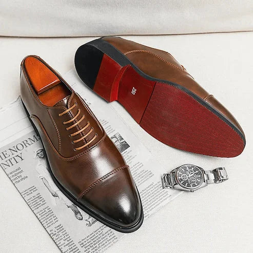 Brown Men's Cap-Toe Leather Oxford Shoes — Noah Lace-Up Formal Dress - Sole Detail Flat Lay