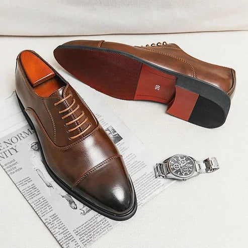 Brown Men's Cap-Toe Leather Oxford Shoes — Noah Lace-Up Formal Dress - Sole Flat Lay