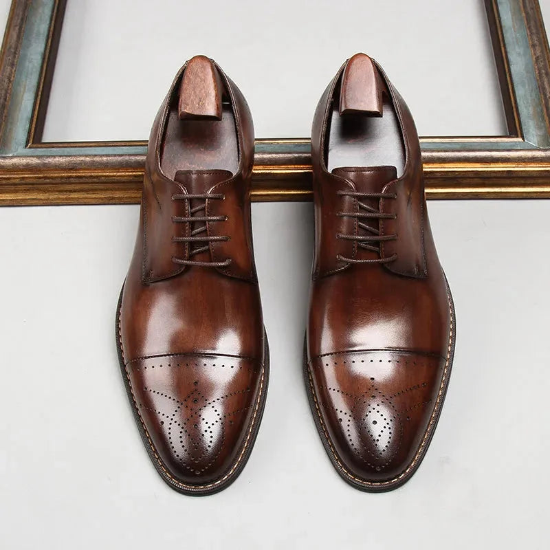 Brown Men's Leather Oxford Shoes — Hayden Burnished Cap Toe Brogue - Top View Pair