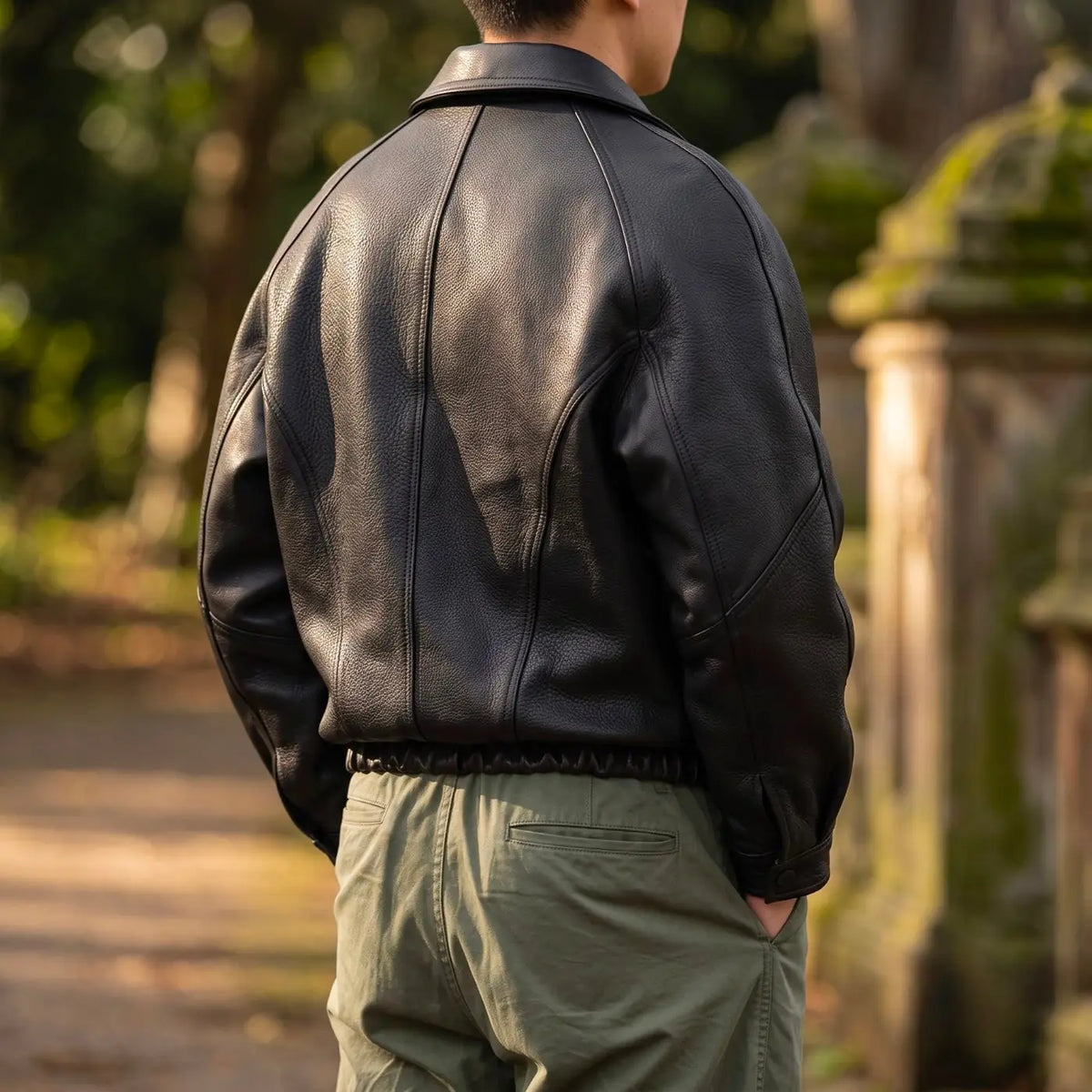 Black Men's Leather Jacket with Structured Collar & Relaxed Fit - Back Full