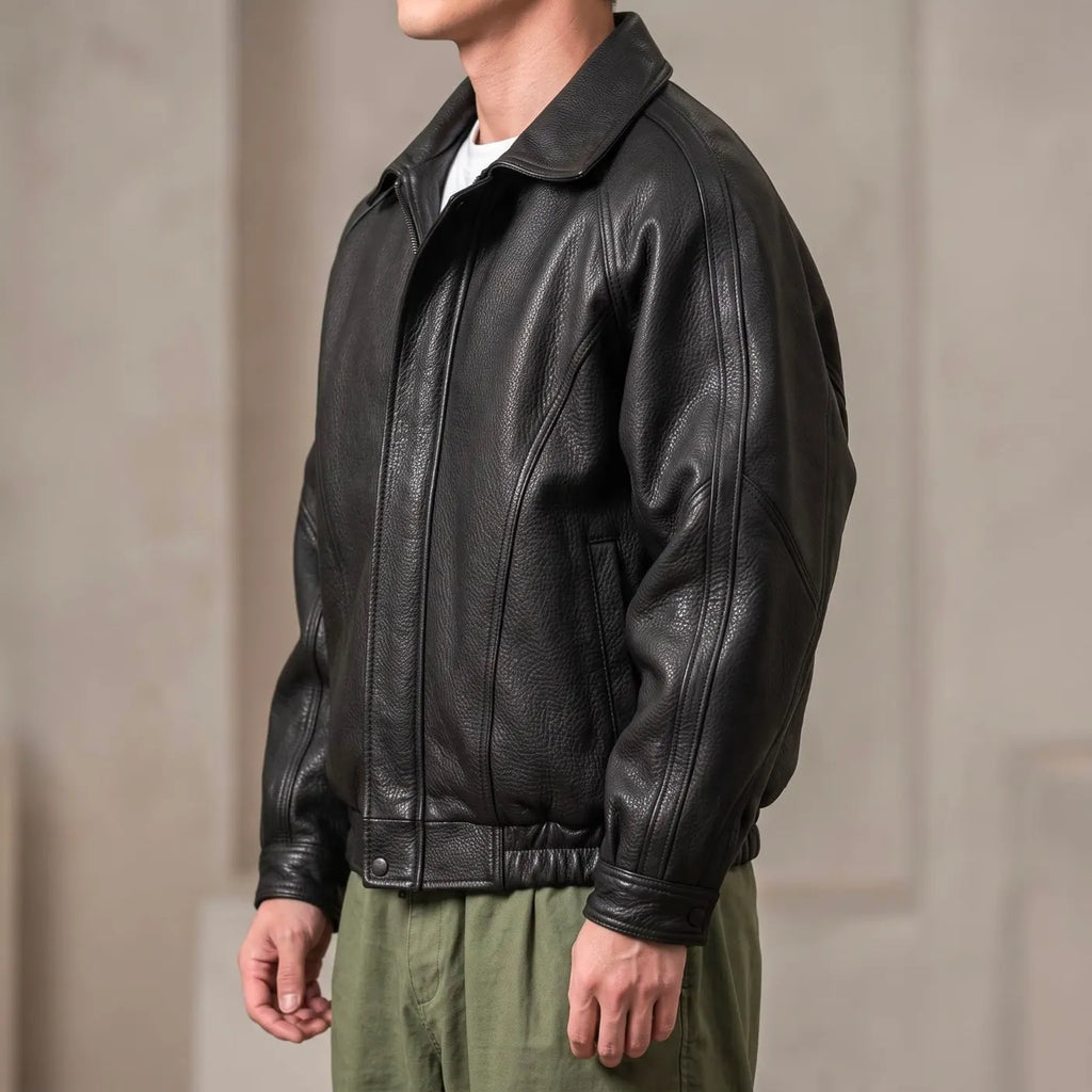Black Men's Leather Jacket with Structured Collar & Relaxed Fit - Side Pose